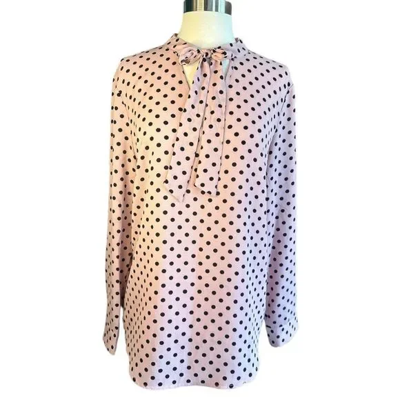 Adrianna Papell Pink & Black Polka Dot Blouse with Keyhole Tie sz L - Picture 4 of 5